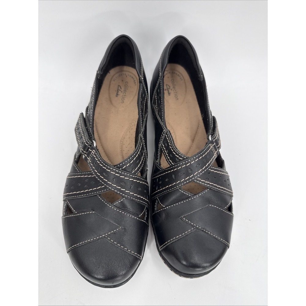 Clarks Womens Black Criss Cross Strappy Leather Shoes Size 10 Boho Comfort - Picture 2 of 8